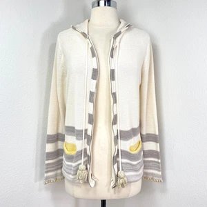 Ivory Cotton Zip Front Cardigan Sweater Large Hooded Pockets Lightweight Artisan - Picture 1 of 12