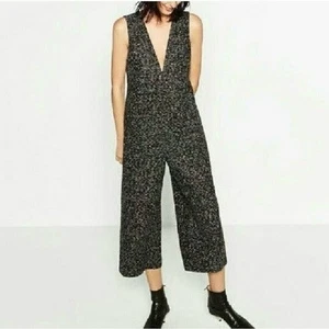 Zara Woman Black & Gray Textured Tweed Wide Leg Jumpsuit Size Medium - Picture 1 of 10