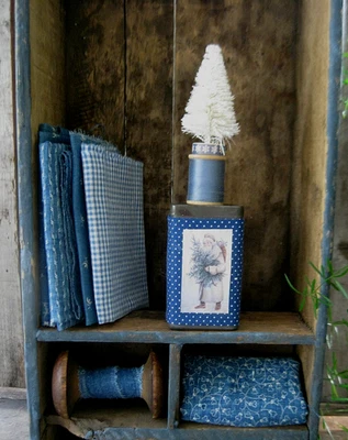 Antique Pantry Tin Calico Sleeve Santa Postcard Print w Bottle Brush Tree - Image 1 of 4