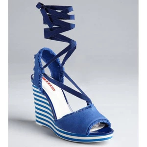 PRADA SPORT SHOES STRIPED WEDGE BLUE CANVAS ANKLE WRAP SANDALS $540 sz 40 / 10 - Picture 1 of 13
