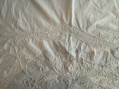 Antique Linen Cotton Wedding Sheet Embroidery Birds Flowers Italy 100" x 110" - Image 1 of 4