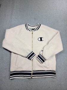 Champion Bomber Varsity Jacket Womens L White Fleece Zip Spellout Embroidered - Picture 1 of 13