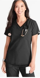 Cherokee Scrub Top V-Neck Contemporary Black Medium Stretch Rib-Knit CK748A - Picture 1 of 3