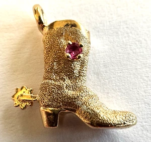 14k Solid Yellow Gold 3D Cowboy Boot Pendant Charm With Spur & Red Ruby - Picture 1 of 16