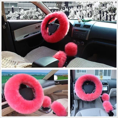 3 Pcs Set Woolen Fur Car Steering Wheel Gear Knob Parking Brake Cover Kit Pink — 第 1/4 张图片