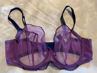 M&S Juliet 透明网眼紫色混合刺绣钢圈 32D 阳台文胸 — 第 1/4 张图片