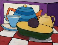 TEAPOT AVOCADO & CUP Expressionist Textured Original Oil painting Still life