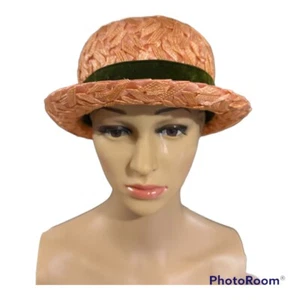 Lloyd Wright 1940s 50s 60s Peach Woven Raffia Hat green velvet ribbon - Picture 1 of 6