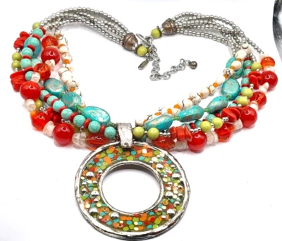 Collar Vintage Treska 5 Hilos Multi Cuentas Colorido 18" con Colgante Negrita de 4" Foto 1 de 4