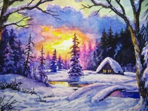 Watercolor Painting Winter Sunset Snow Forest Log Cabin Art No.151 - Picture 1 of 2