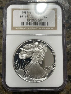 1989 S American Silver Eagle Dollar NGC Proof PF 69 Ultra Cameo (DCAM)  - Image 1 of 3