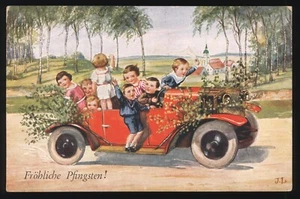 Postal alegre Pentecostés coche hombre niños en coche firmado J.L gel.1930 - Imagen 1 de 2