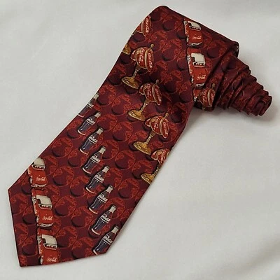 Coca-Cola Mens Tie Necktie Burgundy Retro Logo Vintage Bottles Cars Lamps - Image 1 of 4