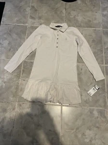 NWT Ralph Lauren Girls Dress Polo Cream Pleated Bottom Gray Logo Medium 8/10 - Picture 1 of 7