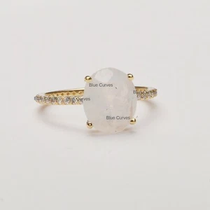 Oval Rainbow Moonstone With Studded Diamonds Full Eternity Ring 14k Yellow Gold - Picture 1 of 3