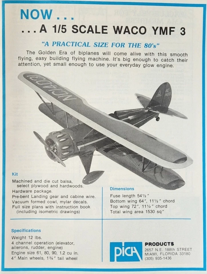 Vintage 1987 PICA Waco YMF 3 Print Ad Ephemera Wall Art Decor - Image 1 of 1