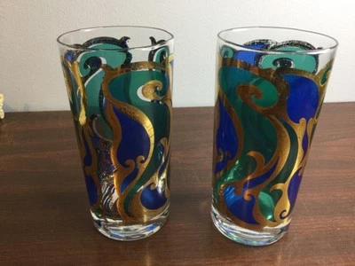 VIDRIO HIGHBALL GEORGES BRIARD FIRENZA AZUL Y ORO 22K CRUZ RENACENTISTA ITALIANA Foto 1 de 4