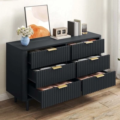 6 Drawer Dresser with Fluted Panel Wood Storage Organizer Chest of Drawers Black - Image 1 of 4
