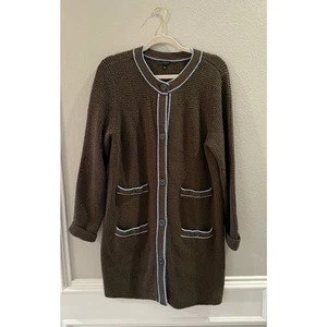 Talbots Women's Tipped Texture Dk Green Blue Trim Cardigan Sweater Size L - Picture 1 of 7