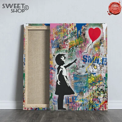 QUADRO STAMPA SU TELA CANVAS BANKSY BAMBINA PALLONCINO CON CUORE STREET ART LOVE - Image 1 of 2