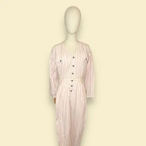 Vintage Liz Claiborne Liz Wear Pink & White Striped Cotton Jumpsuit Est Sz M - Picture 1 of 8