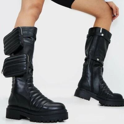 BNIB 6 PLT BLACK EXTREME CHUNKY KNEE POCKET BOOTS FESTIVAL GRUNGE BIKER COMBAT - Image 1 of 4