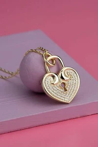 2Ct Round Cut Lab Created Diamond Lock Heart Fancy Pendant 14K Yellow Gold Over - Foto 1 di 4