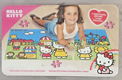 Hello Kitty Sanrio Tin Box 3 Great Puzzles Become 1 Large Panorama 135 Pcs A9 - Image 1 of 4