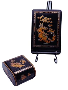 Vintage Two Plastic/ Metal Black Oriental Design Trinket Box Notes/letter Holder - Picture 1 of 12