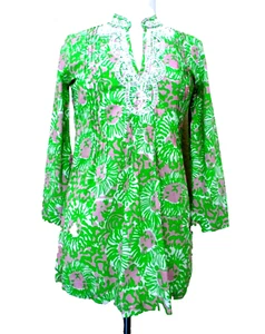 Lilly Pulitzer Sunnyside Lion Tunic Top XS Women Green Pink White Cotton Beaded - Picture 1 of 5