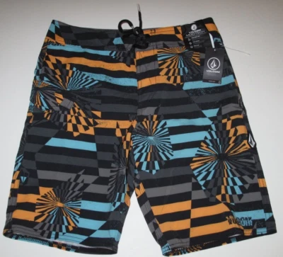 Volcom Boy's 27/14 Mod Tech Stone Stripe Board Shorts Black Orange Blue Stretch - Image 1 of 3