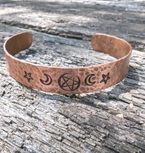 Pentacle And Moon Artisan Made Copper Hammered Cuff Bracelet Adjustable .A10g - Picture 1 of 8