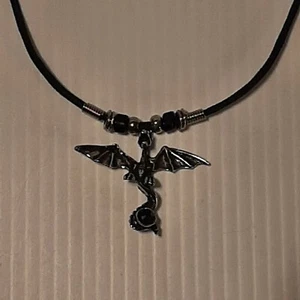 DRAGON / WINGS Pewter Pendant Charm /  ROPE NECKLACE WITH COLOR BEADS - Picture 1 of 16