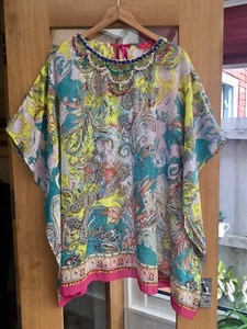 Summer Beaded Kaftan Tunic Popover Cover Up Top Paisley Print Size 10 Together - Picture 1 of 7