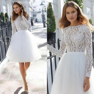 Vestido de novia vestido de novia corto línea A encaje manga larga a medida 38 40 42 - Imagen 1 de 14