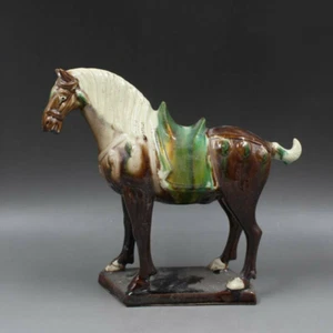 Antique China Handwork Old Porcelain Tang Tri-Color Glazed Ceramics War Horse - Picture 1 of 5