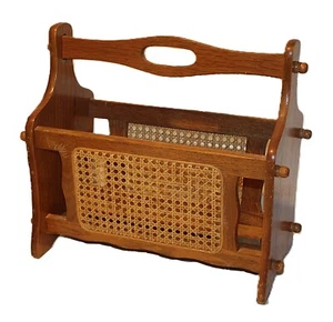 Vintage MCM Oak Wood & Woven Wicker Rattan Cane Magazine Book Record Rack Holder - Picture 1 of 10