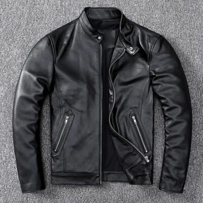 Men's Cowhide Leather Jacket Motorcycle Slim Fit Collar Up Biker Casual Jacket - Image 1 of 4