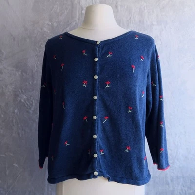 Cárdigan Bordado Floral Azul Marino Años 90 LIZ CLAIBORNE Talla L Manga 3/4 Algodón Foto 1 de 4