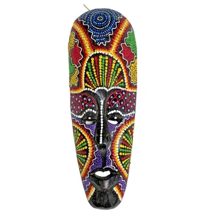 Wooden Indonesian Face Mask Head Handcrafted 11.75" Vtg Aboriginal Dot Art - Picture 1 of 5