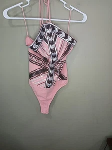 Express Pink Silver Sequins XXSmall Bodysuit Tie Neck Snap Closure Stretch Lined - Picture 1 of 7