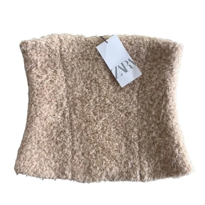 Zara女式Sm Beige Boucle紧身胸衣上衣无肩带修身紧身作物派对俱乐部 — 第 1/4 张图片