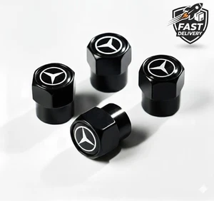 Mercedes Benz Tyre Valve Stem Dust Caps Cover Black Silver Metal AMG A C E Class - Picture 1 of 2