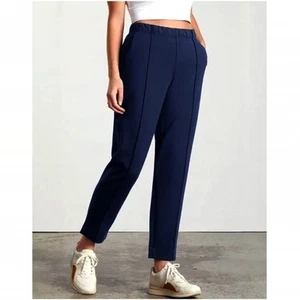 Everlane Navy Blue Cotton High Waist Rise Pull On Tapered Straight Leg Pants L - Picture 1 of 12