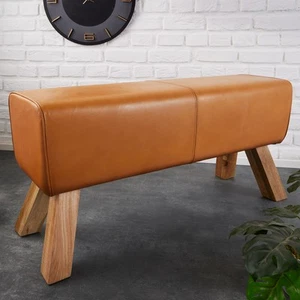 Sitzbank TURNBOCK 100cm cognac Echtleder Mangoholz Retro Sitzhocker Lederbank - Bild 1 von 9