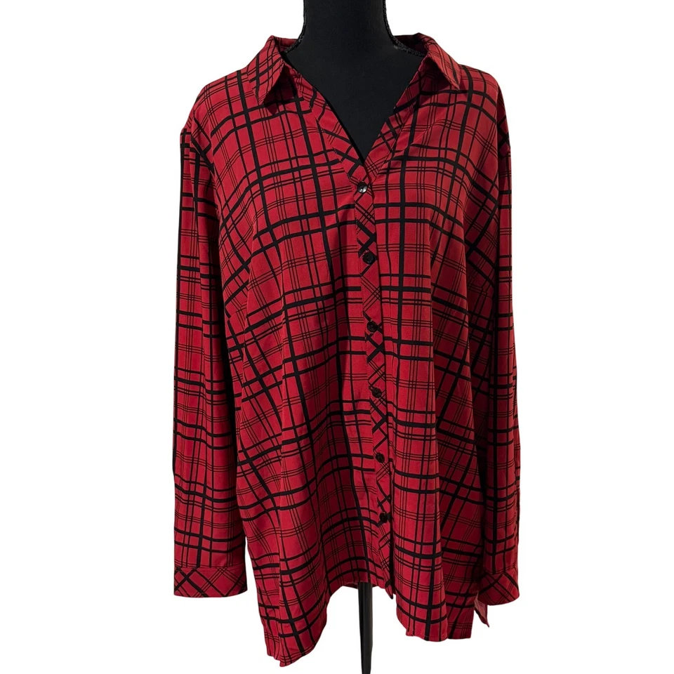 Top Susan Graver Fin de Semana Rojo a Cuadros Abotonado XL Artístico Madura Oficina Carrera Foto 1 de 4