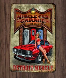 Detroit Muscle Car Garage Pinup Girl w 69 Camaro Metal Sign for Shop, Mancave - Picture 1 of 2
