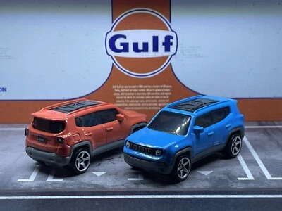 LOT 2 2019 Jeep Renegade Matchbox Crossover SUV Truck Diorama 1/64 Orange & Blue - Image 1 of 4