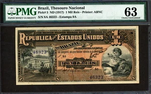 Brazil 1917, 1 Mil Reis, 46323, P5, PMG 63 Original UNC  - Picture 1 of 2
