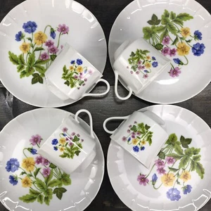 vtg japan floral purple pink yellow snack plate and cup set of 4 total 8pc - Picture 1 of 10